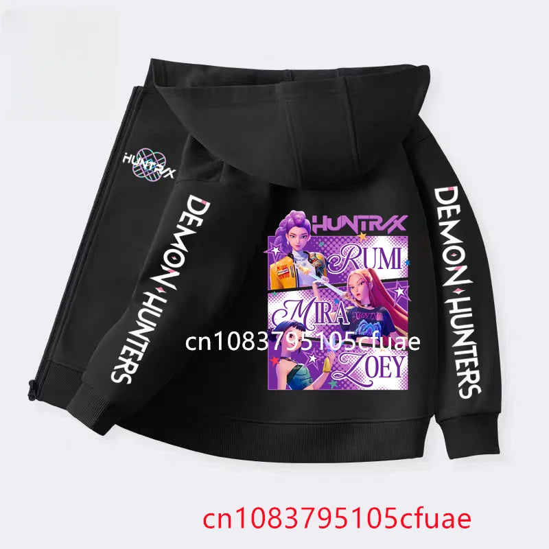 Funny Zip Up Sweatshirts Kpop Demon Hunters Black  Hoodie Children Clothes Kid Girl Boy Sweatshirt Zipper Hoody Baby Casual Top