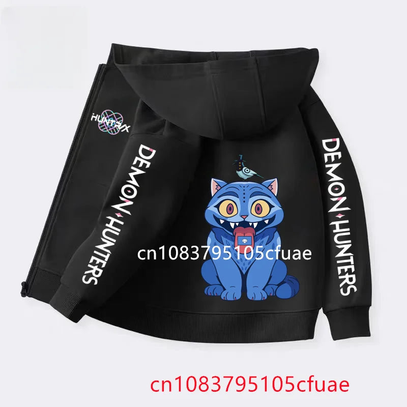 Funny Zip Up Sweatshirts Kpop Demon Hunters Black  Hoodie Children Clothes Kid Girl Boy Sweatshirt Zipper Hoody Baby Casual Top