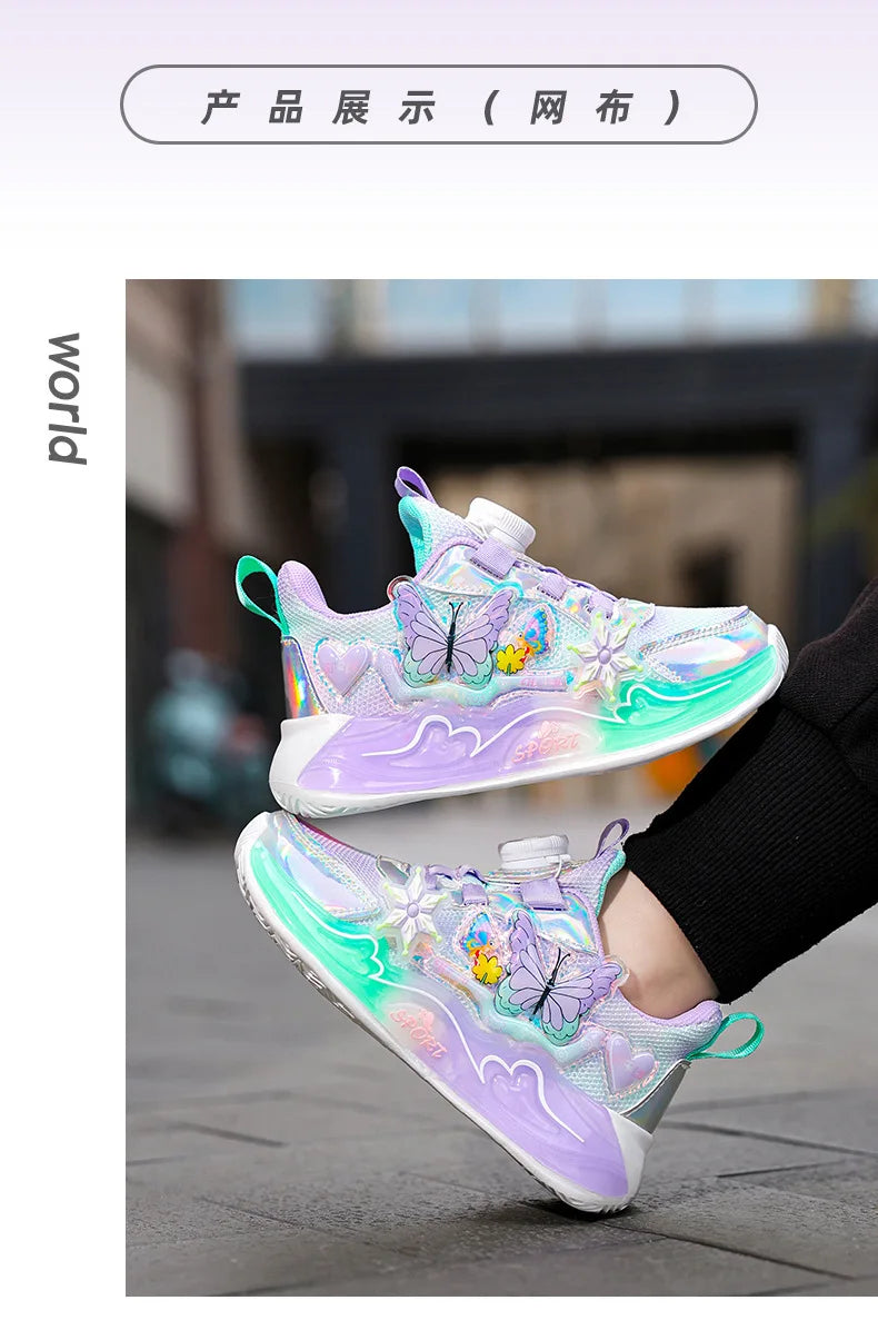 Children's Sneakers 2025 New Girls' Sports Shoes Mesh Breathable Kid's Running Shoes Rotating Buckle Soft Sole Causal Shoes
