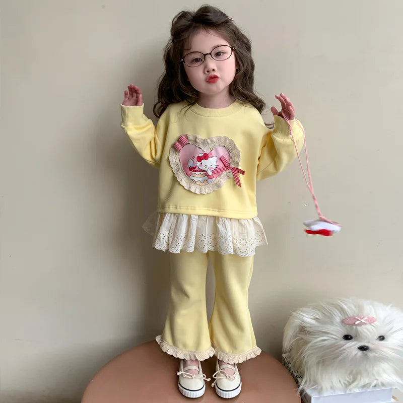 Girl Clothes Set Autumn Kid Sweatshirts Pullover Hello Kitty Top & Bell-bottoms Pants 2pcs Suit Children Sweet Tracksuits Outfit