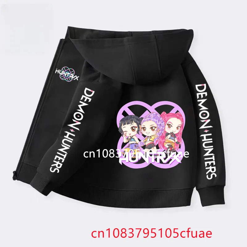 Funny Zip Up Sweatshirts Kpop Demon Hunters Black  Hoodie Children Clothes Kid Girl Boy Sweatshirt Zipper Hoody Baby Casual Top