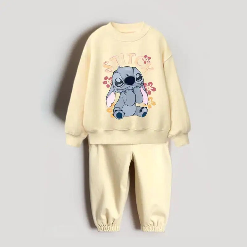 Cartoon Stitch Print Tops+Sweatpants Child Two-piece Baby Girls Thin Loose Clothing Lovely Hoodies Solid Color Pants Outer Wear