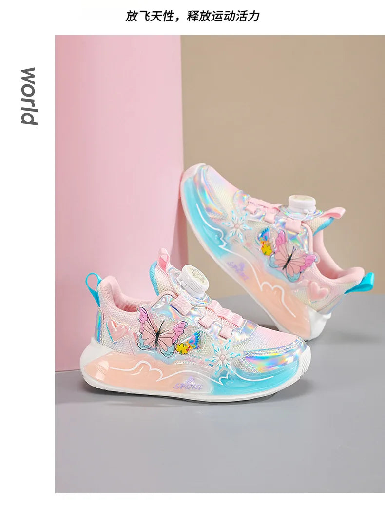 Children's Sneakers 2025 New Girls' Sports Shoes Mesh Breathable Kid's Running Shoes Rotating Buckle Soft Sole Causal Shoes