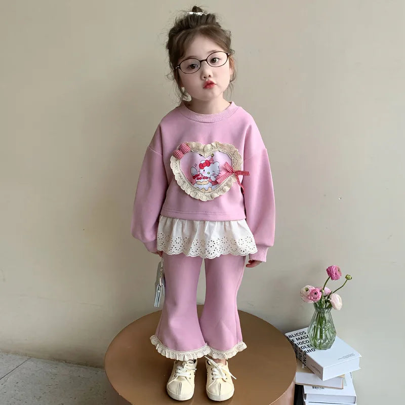 Girl Clothes Set Autumn Kid Sweatshirts Pullover Hello Kitty Top & Bell-bottoms Pants 2pcs Suit Children Sweet Tracksuits Outfit