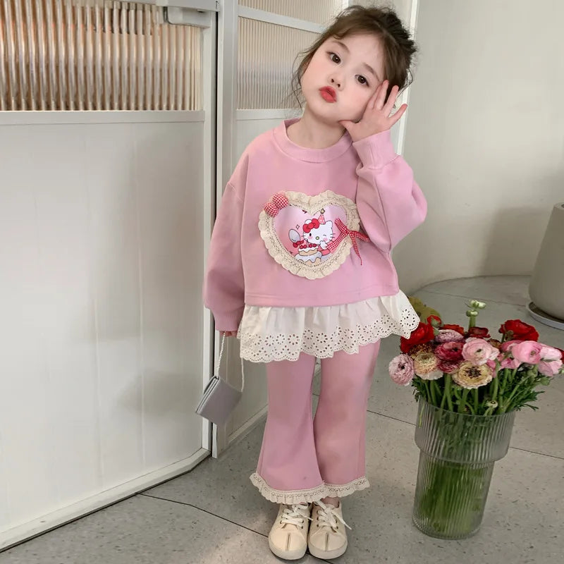 Girl Clothes Set Autumn Kid Sweatshirts Pullover Hello Kitty Top & Bell-bottoms Pants 2pcs Suit Children Sweet Tracksuits Outfit
