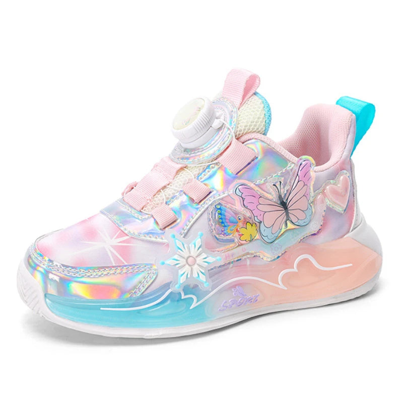 Children's Sneakers 2025 New Girls' Sports Shoes Mesh Breathable Kid's Running Shoes Rotating Buckle Soft Sole Causal Shoes