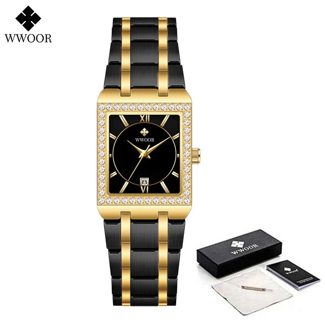 WWOOR Reloj New Fashion Ladies Diamond Watch Top Brand Luxury Square Wrist Watch Simple Women Dress Small Watch Relogio Feminino