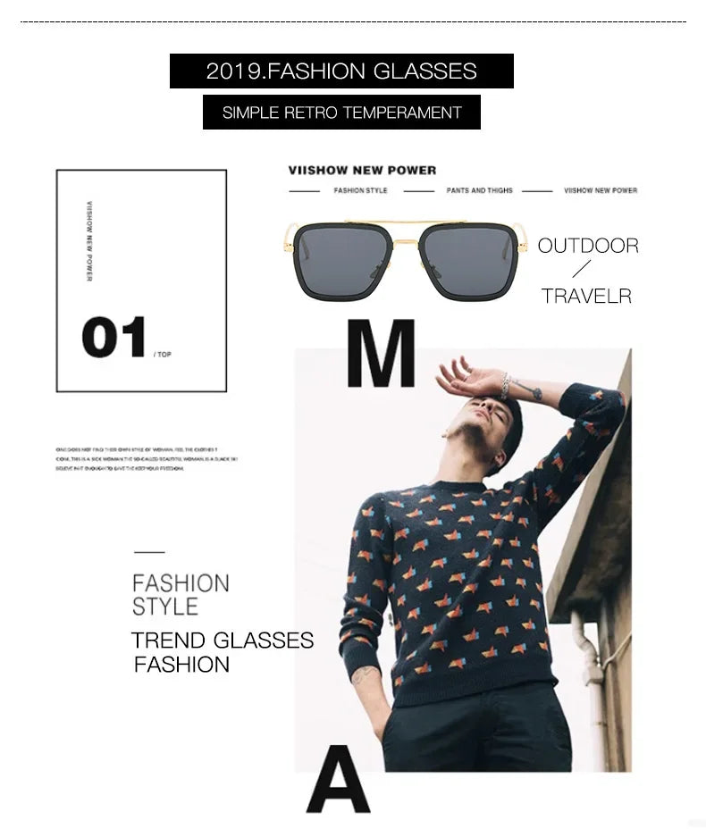 Sun Glasses Fashion Square frame Tony Stark Style Women Sunglasses Men Square Brand Design Sun Glasses Oculos Retro Male Iron