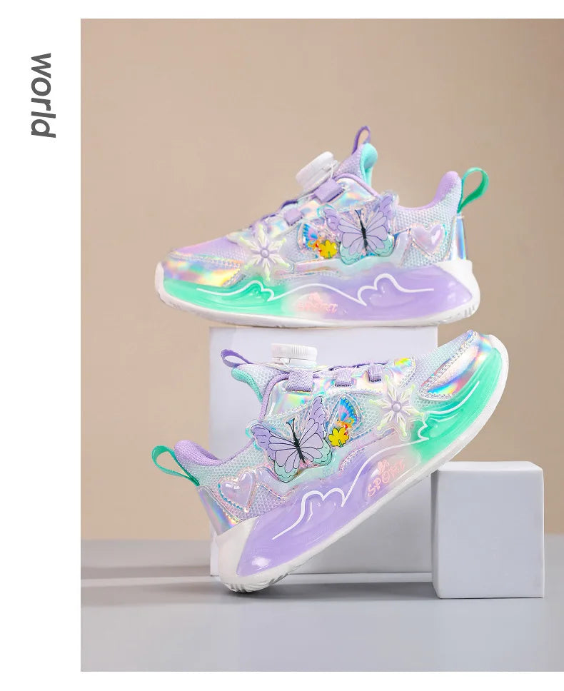 Children's Sneakers 2025 New Girls' Sports Shoes Mesh Breathable Kid's Running Shoes Rotating Buckle Soft Sole Causal Shoes