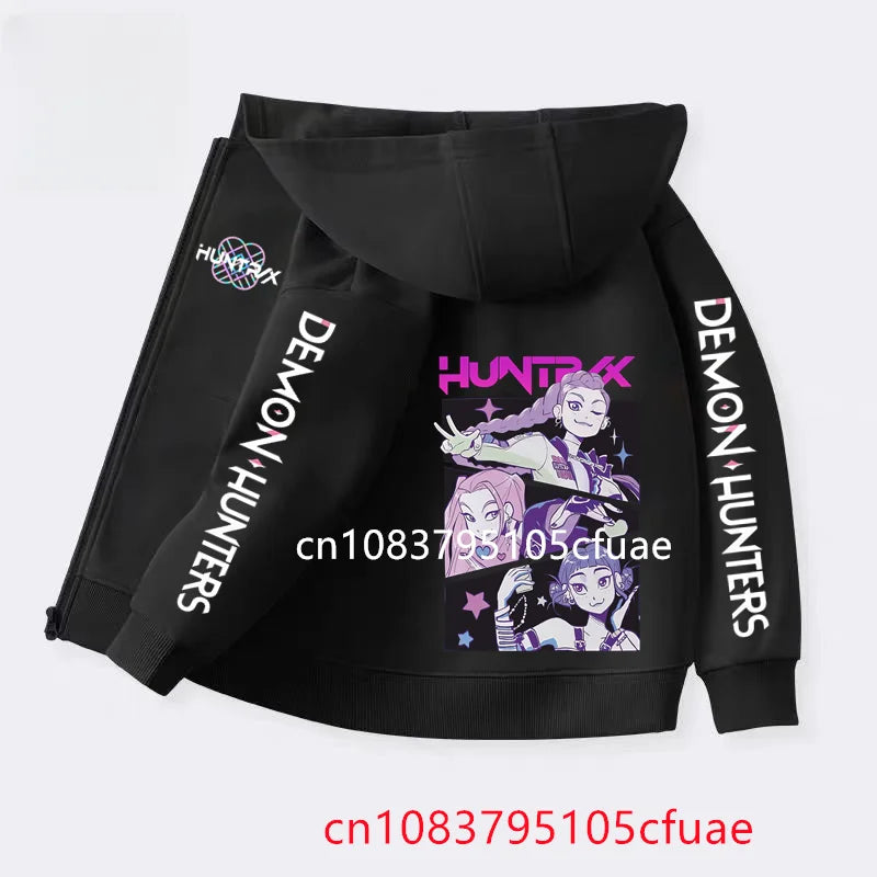 Funny Zip Up Sweatshirts Kpop Demon Hunters Black  Hoodie Children Clothes Kid Girl Boy Sweatshirt Zipper Hoody Baby Casual Top