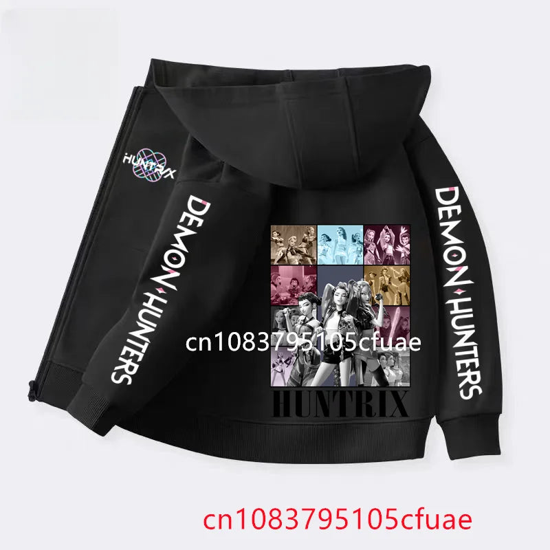 Funny Zip Up Sweatshirts Kpop Demon Hunters Black  Hoodie Children Clothes Kid Girl Boy Sweatshirt Zipper Hoody Baby Casual Top