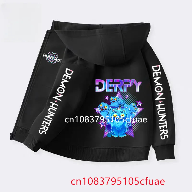 Funny Zip Up Sweatshirts Kpop Demon Hunters Black  Hoodie Children Clothes Kid Girl Boy Sweatshirt Zipper Hoody Baby Casual Top