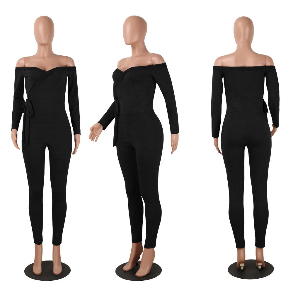 Women's Pants 2024 Spring Fashion Sexy Deep V-Neck Lace Up Off Shoulder Long Sleeved Casual Solid Color Skinny Daily Jumpsuit