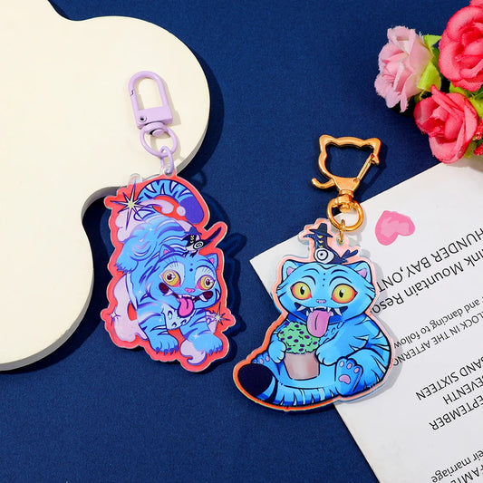 K-Pop Cute  Cartoon Variable Color Blue Cat Keychain Acrylic Pendant Funny Monster Cat Keyring for Bag Car Key Decoration Gift