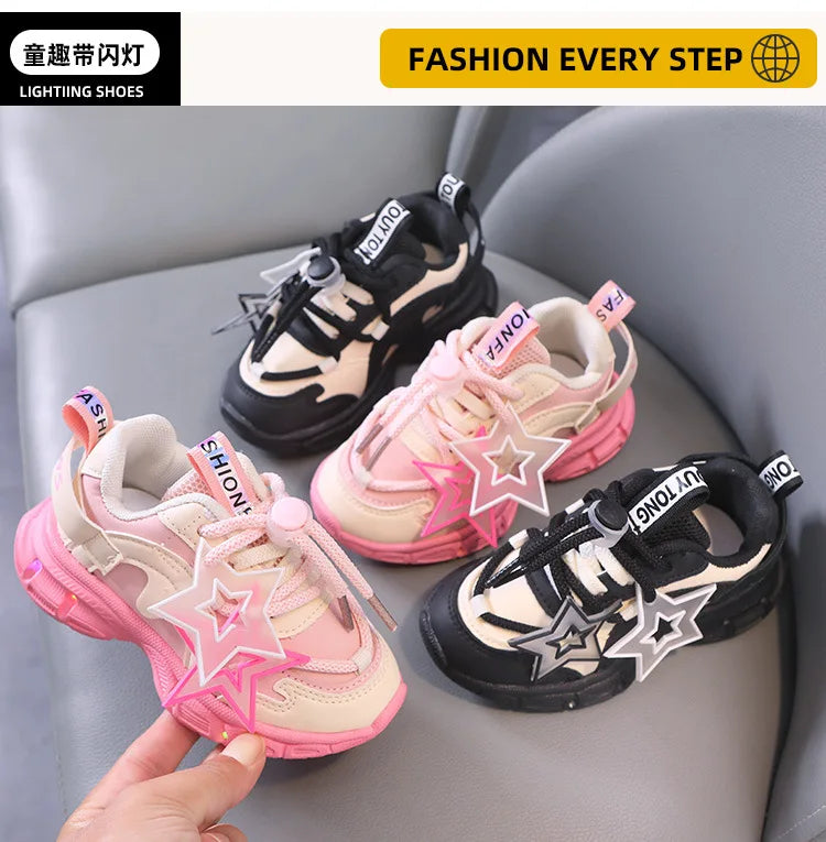 Spring Sneakers Girl New Versatile Kid Shoes Comfort Breathable LED Light Casual Shoes Run Sports Trend Boys Shoe Tenis De Mujer