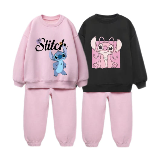 Cartoon Stitch Print Tops+Sweatpants Child Two-piece Baby Girls Thin Loose Clothing Lovely Hoodies Solid Color Pants Outer Wear