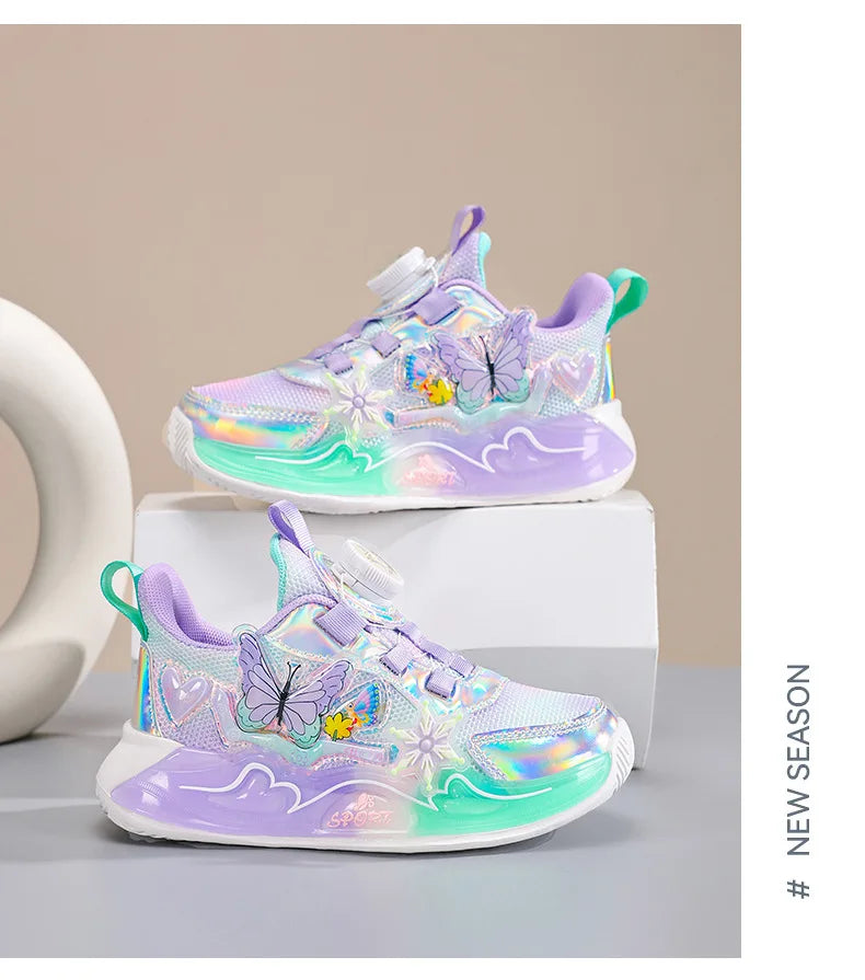 Children's Sneakers 2025 New Girls' Sports Shoes Mesh Breathable Kid's Running Shoes Rotating Buckle Soft Sole Causal Shoes