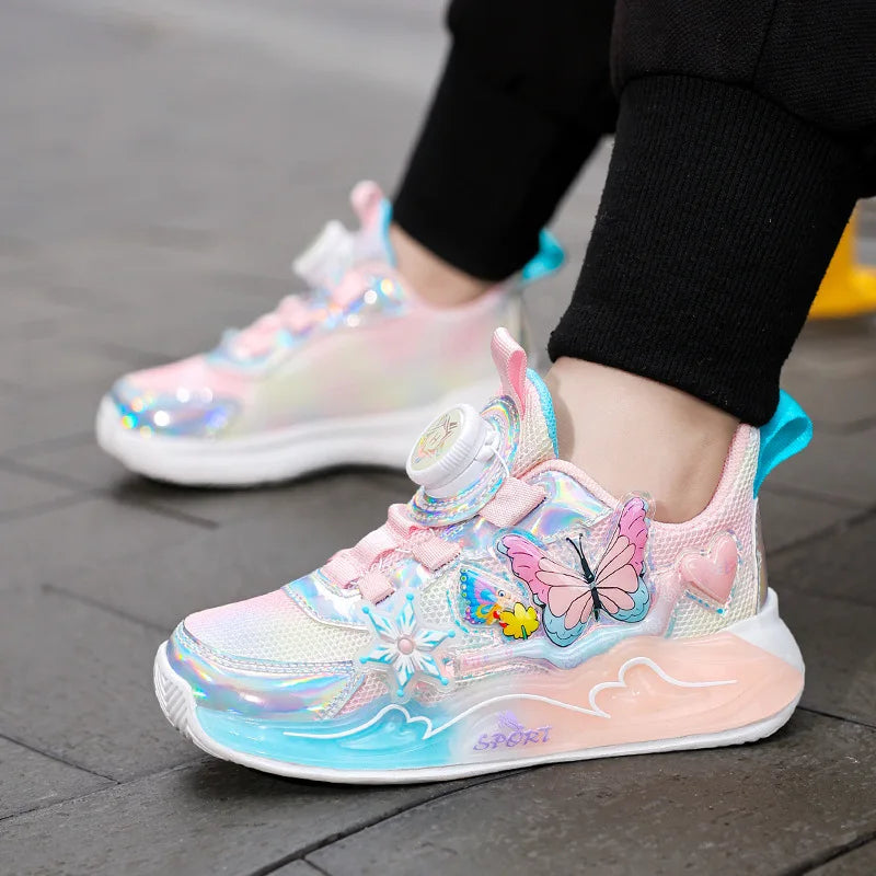 Children's Sneakers 2025 New Girls' Sports Shoes Mesh Breathable Kid's Running Shoes Rotating Buckle Soft Sole Causal Shoes