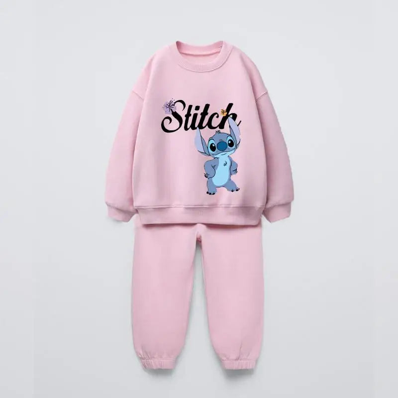 Cartoon Stitch Print Tops+Sweatpants Child Two-piece Baby Girls Thin Loose Clothing Lovely Hoodies Solid Color Pants Outer Wear