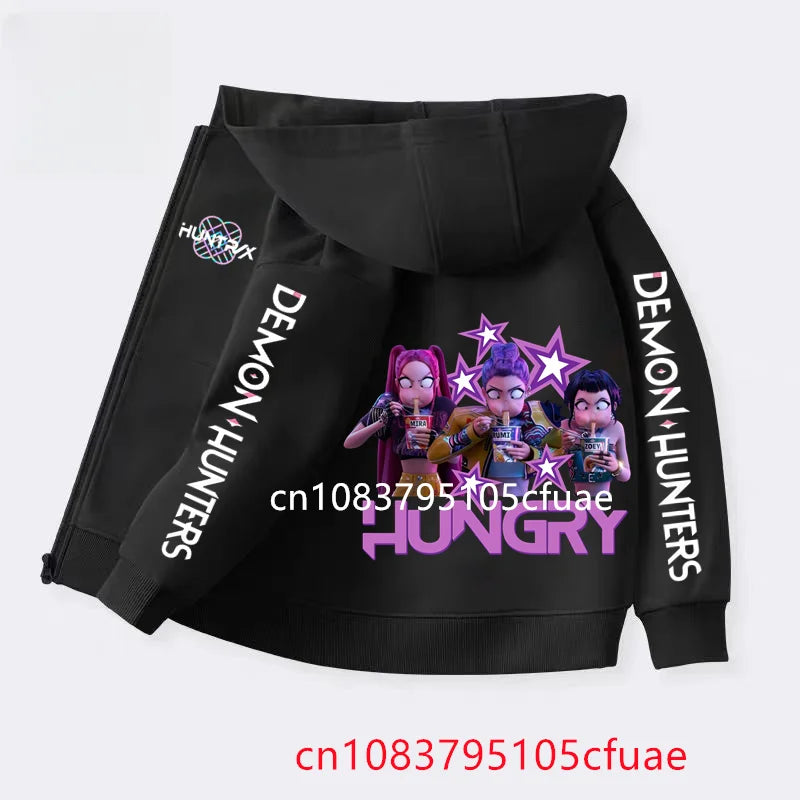 Funny Zip Up Sweatshirts Kpop Demon Hunters Black  Hoodie Children Clothes Kid Girl Boy Sweatshirt Zipper Hoody Baby Casual Top