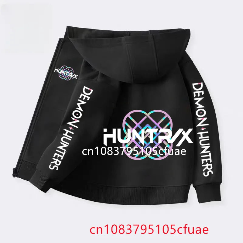 Funny Zip Up Sweatshirts Kpop Demon Hunters Black  Hoodie Children Clothes Kid Girl Boy Sweatshirt Zipper Hoody Baby Casual Top