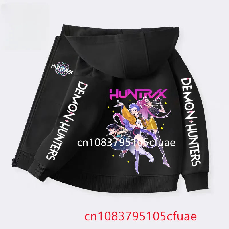 Funny Zip Up Sweatshirts Kpop Demon Hunters Black  Hoodie Children Clothes Kid Girl Boy Sweatshirt Zipper Hoody Baby Casual Top