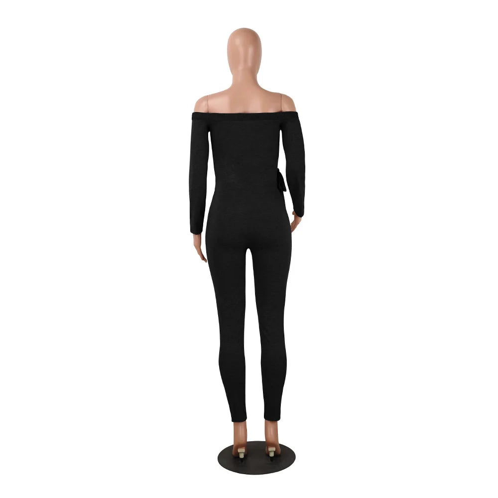 Women's Pants 2024 Spring Fashion Sexy Deep V-Neck Lace Up Off Shoulder Long Sleeved Casual Solid Color Skinny Daily Jumpsuit