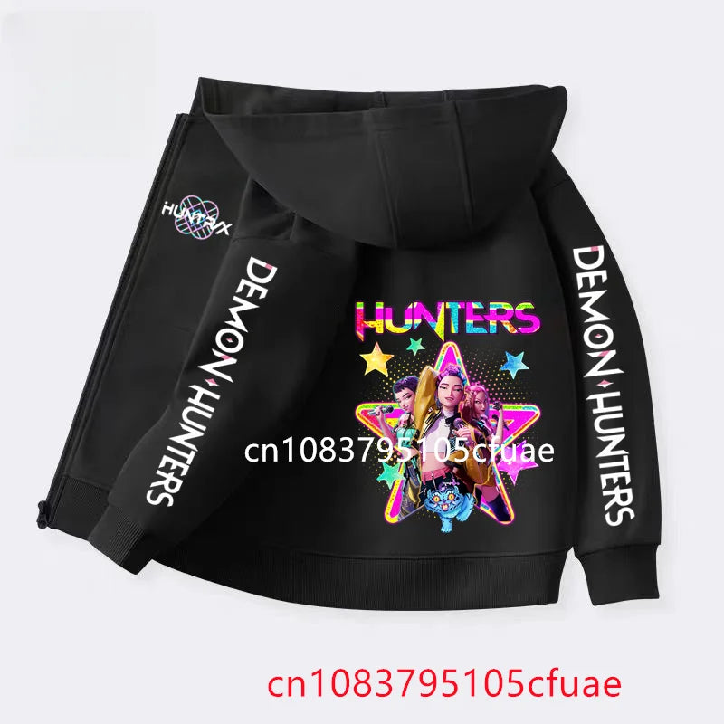 Funny Zip Up Sweatshirts Kpop Demon Hunters Black  Hoodie Children Clothes Kid Girl Boy Sweatshirt Zipper Hoody Baby Casual Top