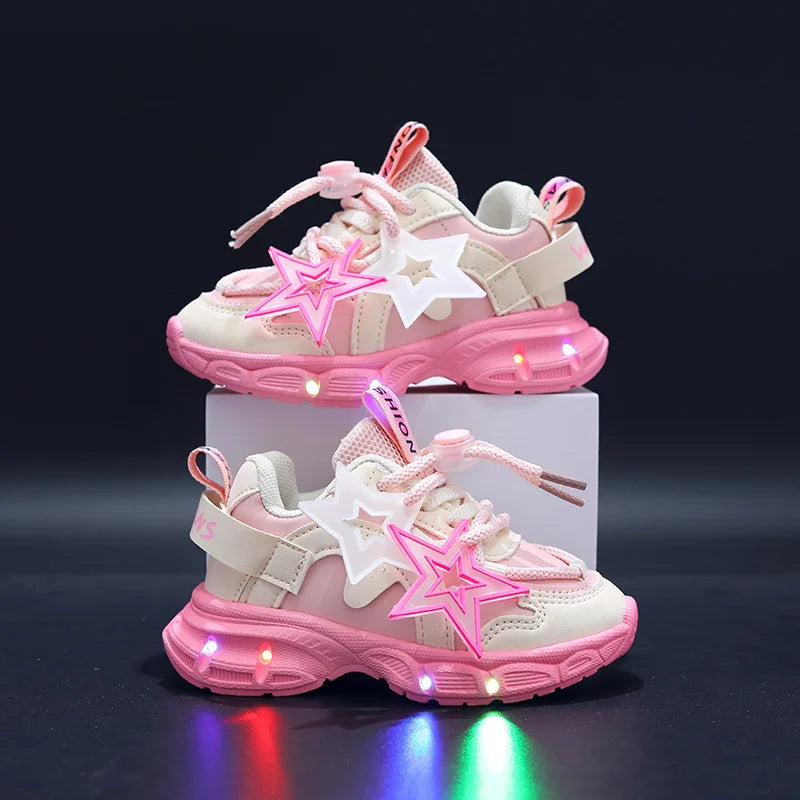 Spring Sneakers Girl New Versatile Kid Shoes Comfort Breathable LED Light Casual Shoes Run Sports Trend Boys Shoe Tenis De Mujer