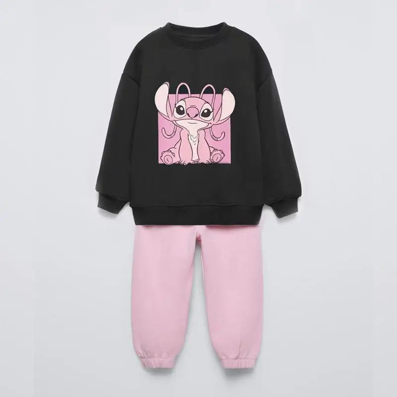 Cartoon Stitch Print Tops+Sweatpants Child Two-piece Baby Girls Thin Loose Clothing Lovely Hoodies Solid Color Pants Outer Wear