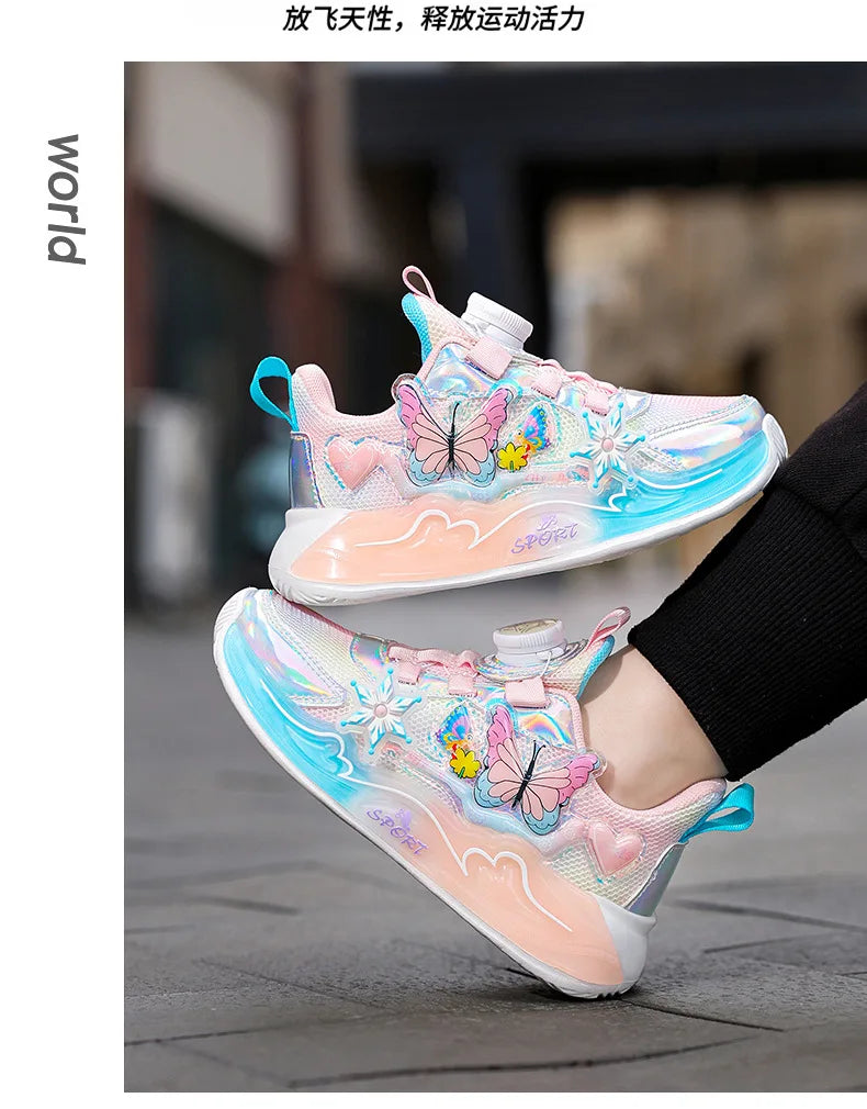 Children's Sneakers 2025 New Girls' Sports Shoes Mesh Breathable Kid's Running Shoes Rotating Buckle Soft Sole Causal Shoes