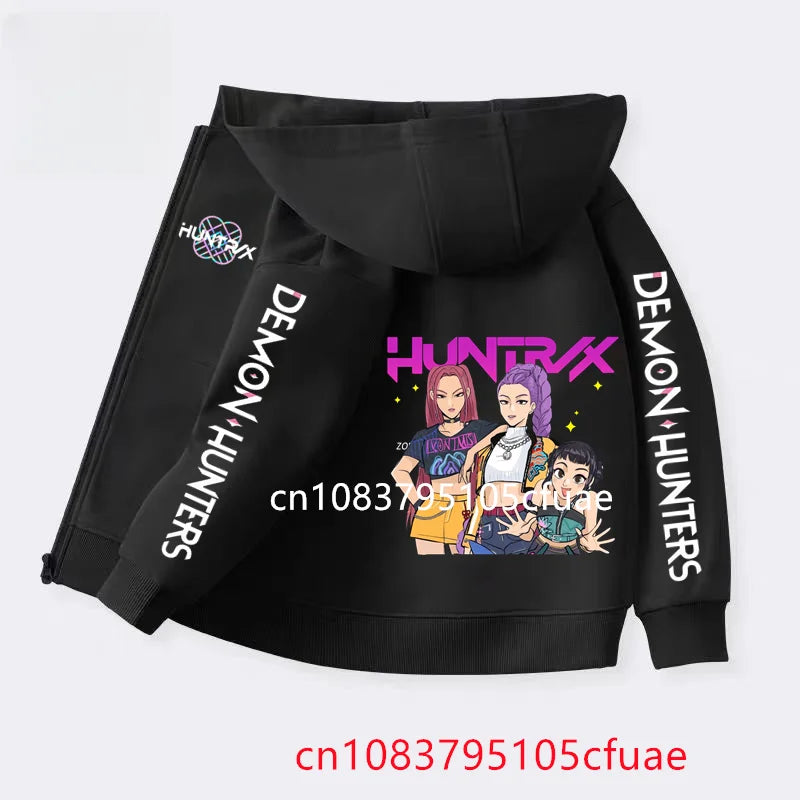 Funny Zip Up Sweatshirts Kpop Demon Hunters Black  Hoodie Children Clothes Kid Girl Boy Sweatshirt Zipper Hoody Baby Casual Top