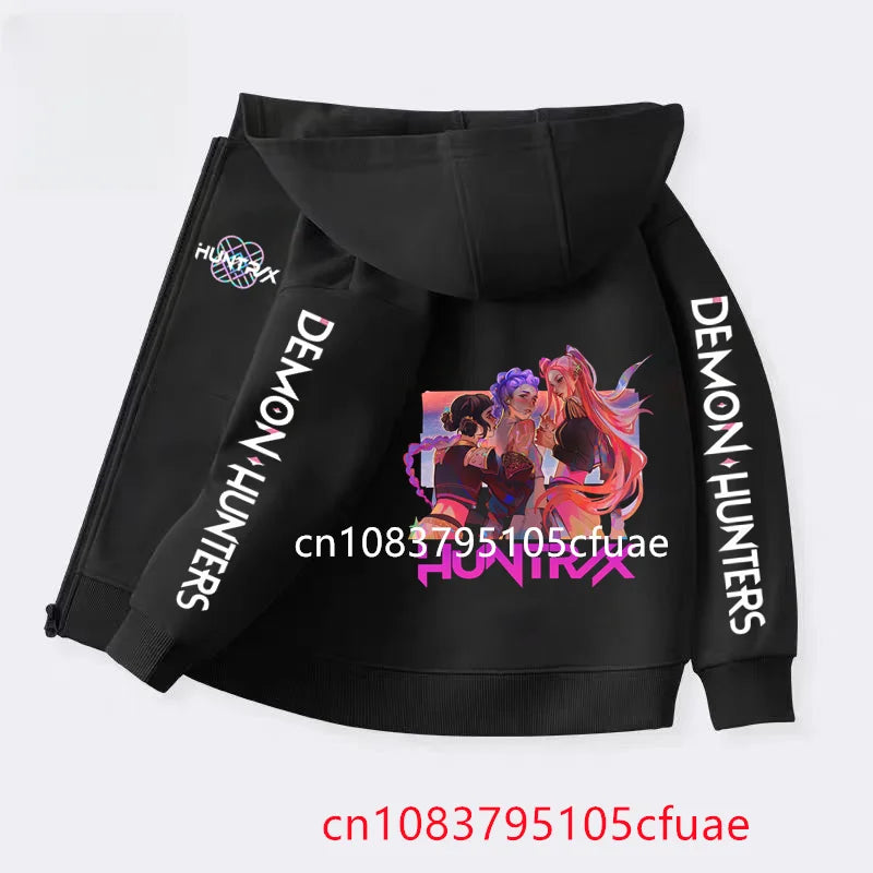 Funny Zip Up Sweatshirts Kpop Demon Hunters Black  Hoodie Children Clothes Kid Girl Boy Sweatshirt Zipper Hoody Baby Casual Top