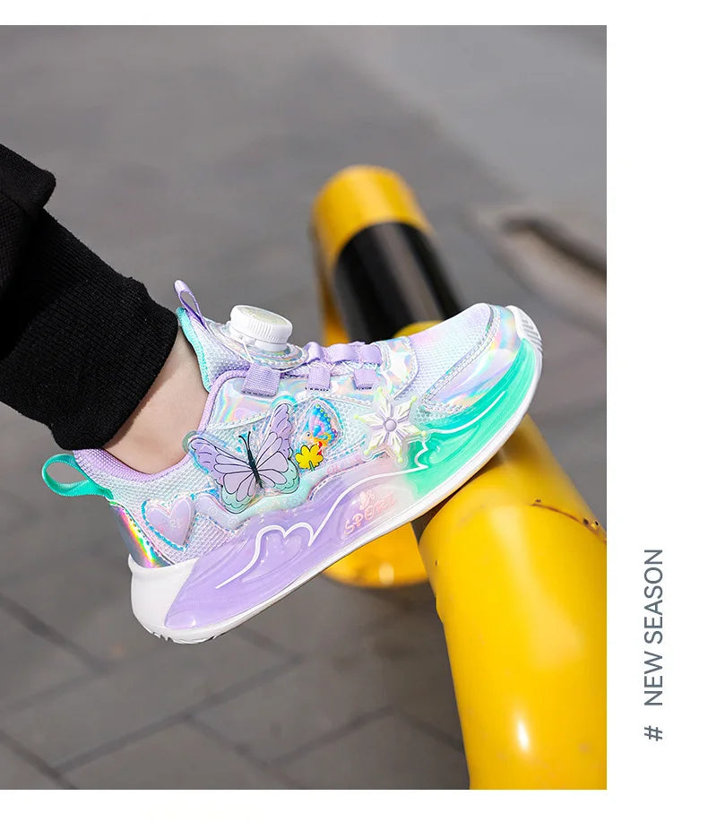 Children's Sneakers 2025 New Girls' Sports Shoes Mesh Breathable Kid's Running Shoes Rotating Buckle Soft Sole Causal Shoes