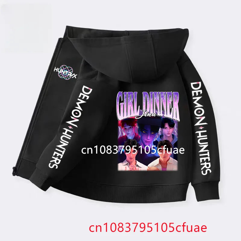 Funny Zip Up Sweatshirts Kpop Demon Hunters Black  Hoodie Children Clothes Kid Girl Boy Sweatshirt Zipper Hoody Baby Casual Top