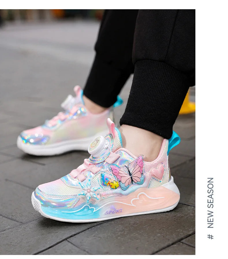 Children's Sneakers 2025 New Girls' Sports Shoes Mesh Breathable Kid's Running Shoes Rotating Buckle Soft Sole Causal Shoes