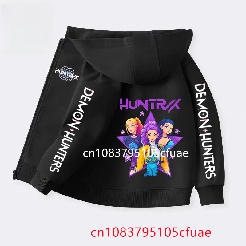 Funny Zip Up Sweatshirts Kpop Demon Hunters Black  Hoodie Children Clothes Kid Girl Boy Sweatshirt Zipper Hoody Baby Casual Top