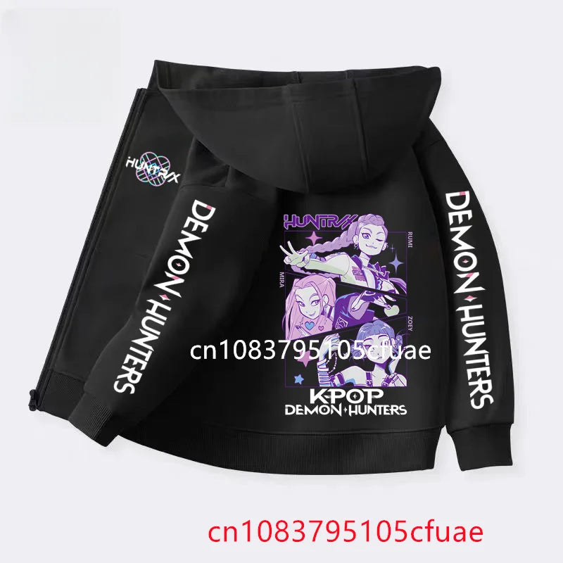 Funny Zip Up Sweatshirts Kpop Demon Hunters Black  Hoodie Children Clothes Kid Girl Boy Sweatshirt Zipper Hoody Baby Casual Top