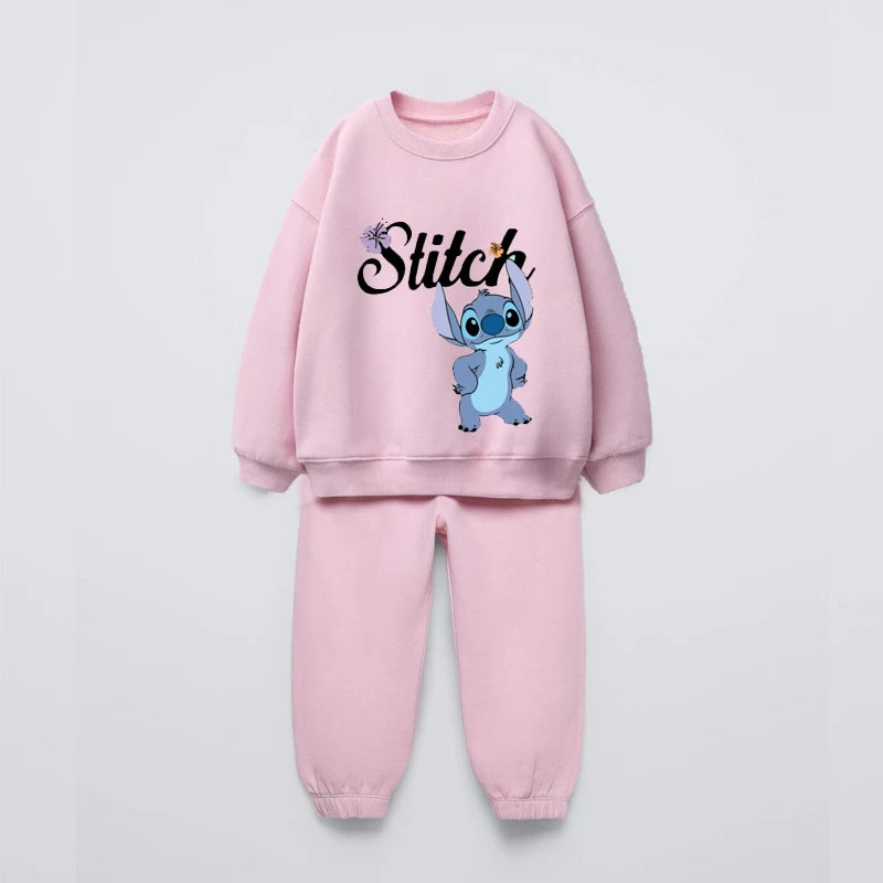 Cartoon Stitch Print Tops+Sweatpants Child Two-piece Baby Girls Thin Loose Clothing Lovely Hoodies Solid Color Pants Outer Wear