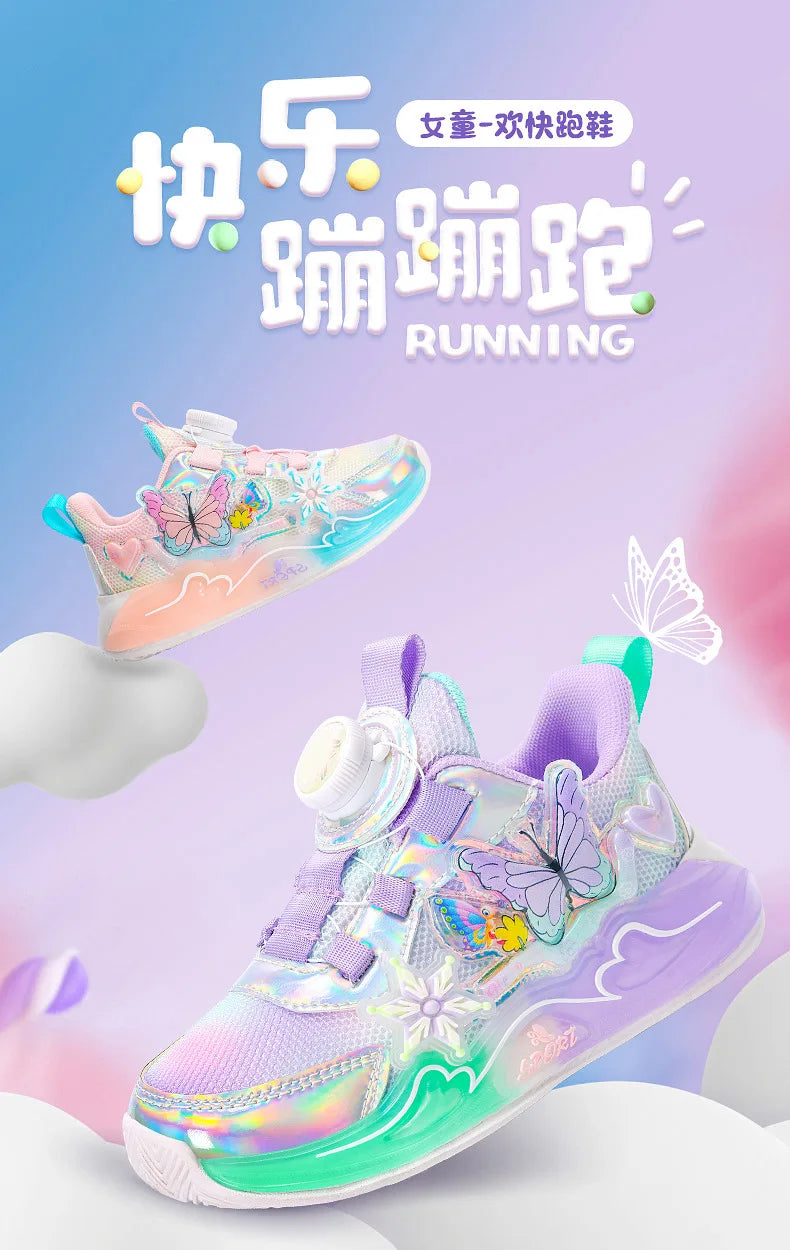 Children's Sneakers 2025 New Girls' Sports Shoes Mesh Breathable Kid's Running Shoes Rotating Buckle Soft Sole Causal Shoes