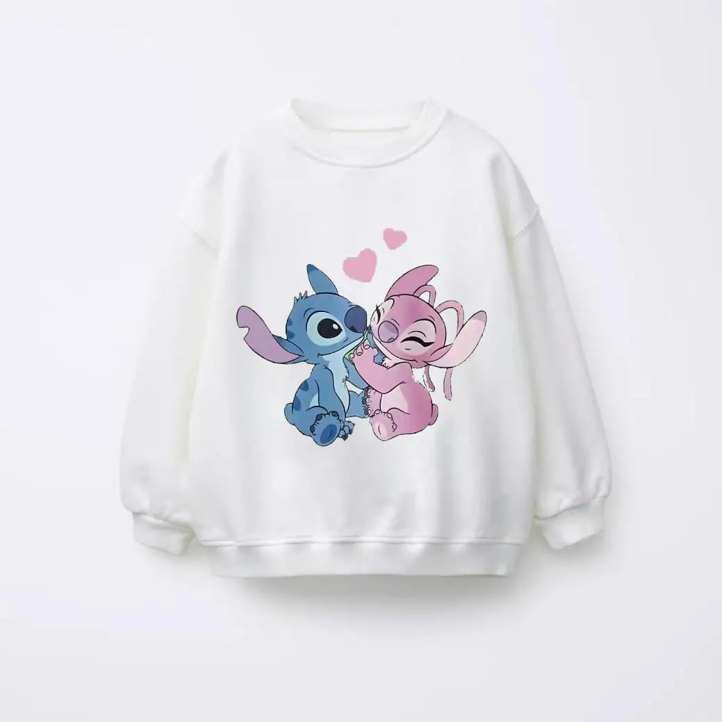 Cartoon Stitch Print Tops+Sweatpants Child Two-piece Baby Girls Thin Loose Clothing Lovely Hoodies Solid Color Pants Outer Wear