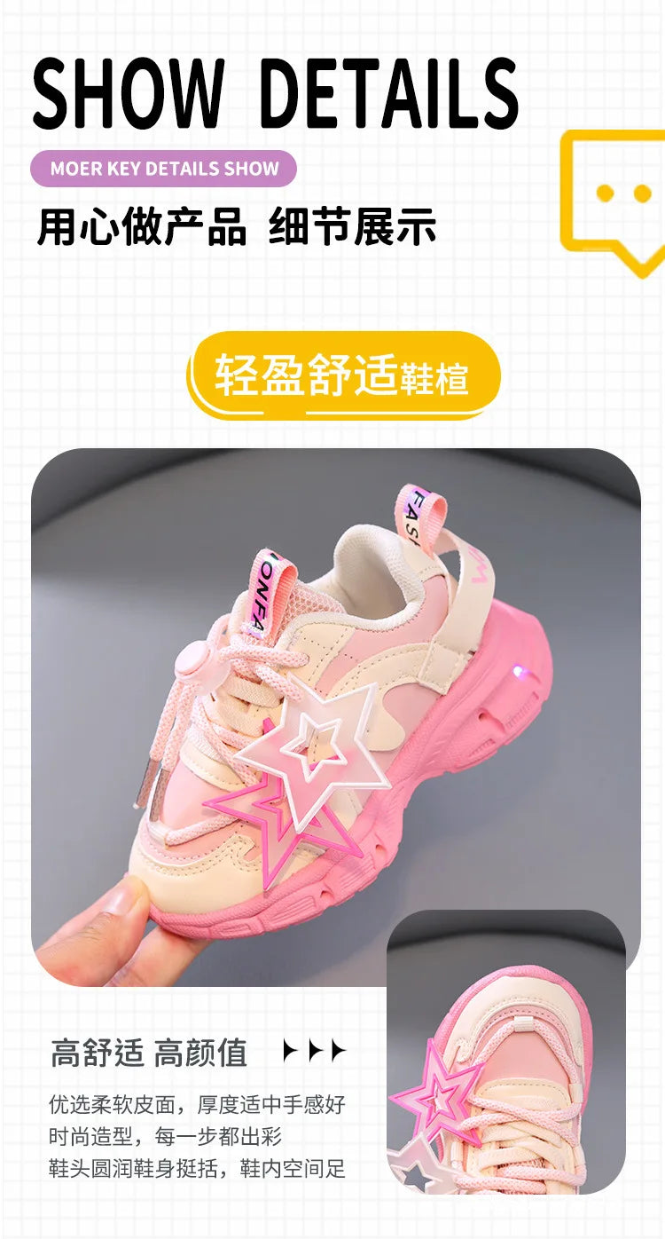 Spring Sneakers Girl New Versatile Kid Shoes Comfort Breathable LED Light Casual Shoes Run Sports Trend Boys Shoe Tenis De Mujer