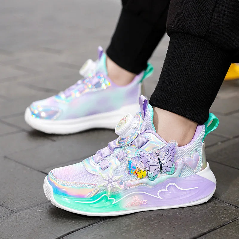 Children's Sneakers 2025 New Girls' Sports Shoes Mesh Breathable Kid's Running Shoes Rotating Buckle Soft Sole Causal Shoes