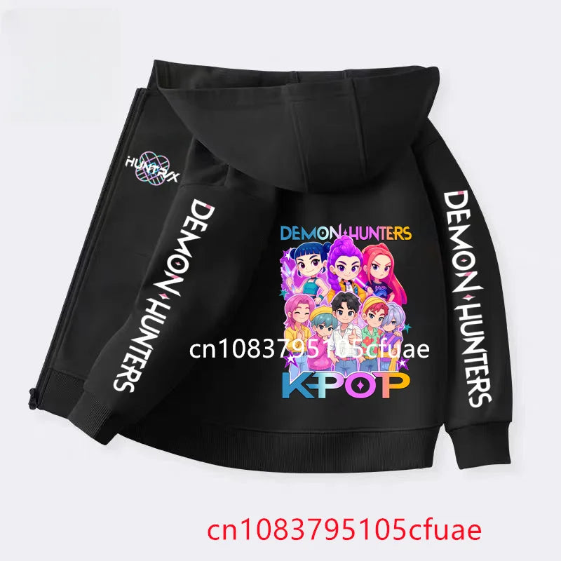 Funny Zip Up Sweatshirts Kpop Demon Hunters Black  Hoodie Children Clothes Kid Girl Boy Sweatshirt Zipper Hoody Baby Casual Top