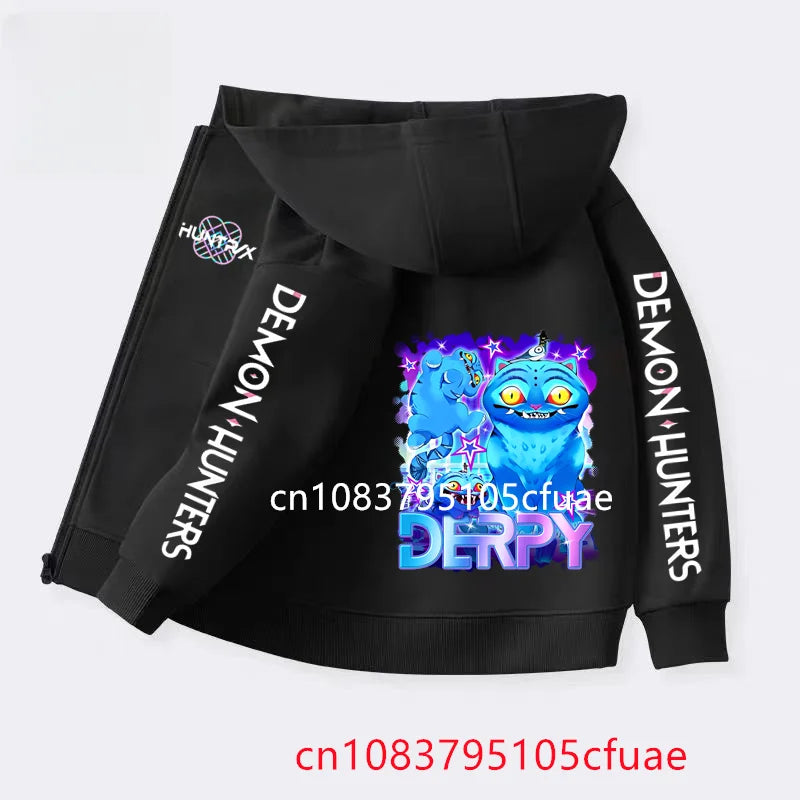 Funny Zip Up Sweatshirts Kpop Demon Hunters Black  Hoodie Children Clothes Kid Girl Boy Sweatshirt Zipper Hoody Baby Casual Top