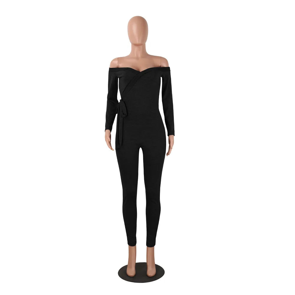 Women's Pants 2024 Spring Fashion Sexy Deep V-Neck Lace Up Off Shoulder Long Sleeved Casual Solid Color Skinny Daily Jumpsuit