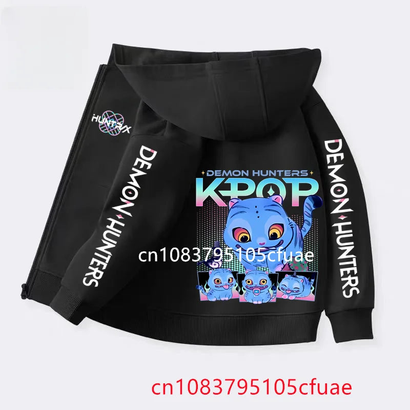 Funny Zip Up Sweatshirts Kpop Demon Hunters Black  Hoodie Children Clothes Kid Girl Boy Sweatshirt Zipper Hoody Baby Casual Top