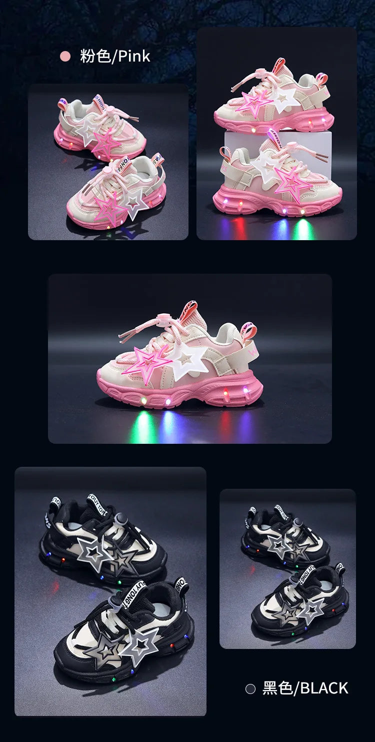 Spring Sneakers Girl New Versatile Kid Shoes Comfort Breathable LED Light Casual Shoes Run Sports Trend Boys Shoe Tenis De Mujer
