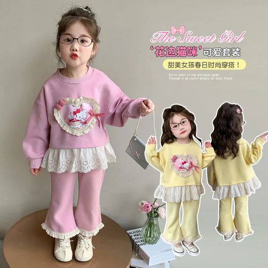 Girl Clothes Set Autumn Kid Sweatshirts Pullover Hello Kitty Top & Bell-bottoms Pants 2pcs Suit Children Sweet Tracksuits Outfit