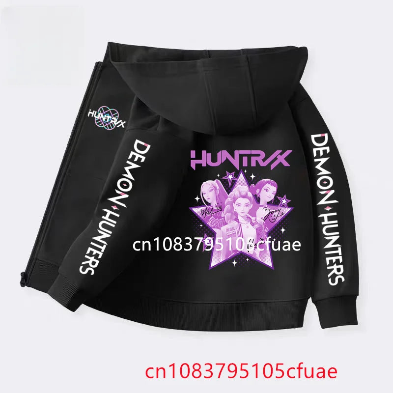 Funny Zip Up Sweatshirts Kpop Demon Hunters Black  Hoodie Children Clothes Kid Girl Boy Sweatshirt Zipper Hoody Baby Casual Top